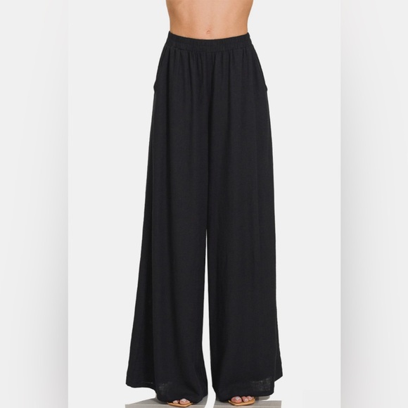 Zenana Pleated Linen Blend Wide Leg Pants - Picture 3 of 3